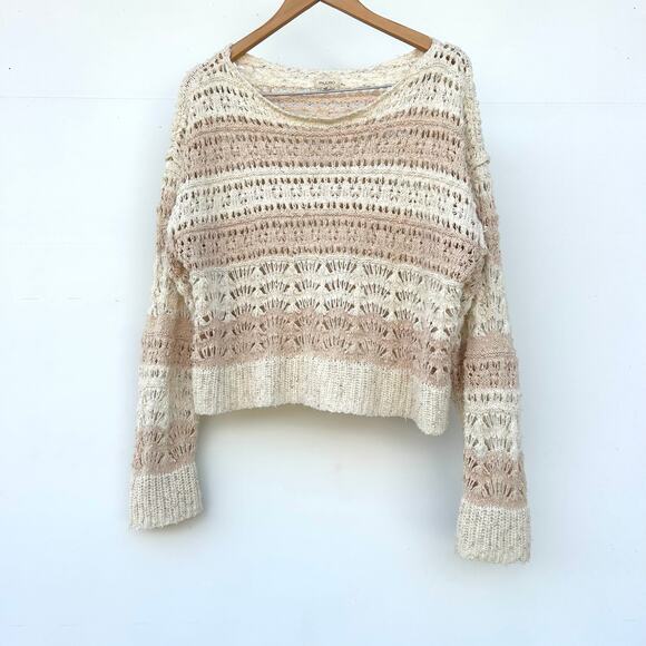 Anthropologie Pilcro Crochet Knit Striped Boho Sweater Top Cream Neutral Medium - Picture 2 of 9